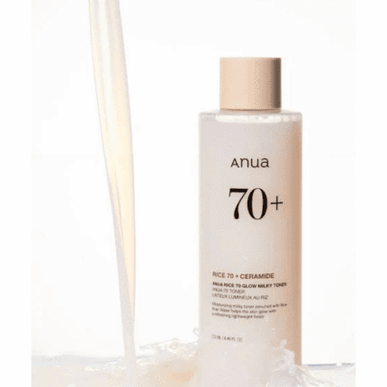 Anua Rice 70 Glow Milky Toner bottle with brightening rice extract for glowing skin