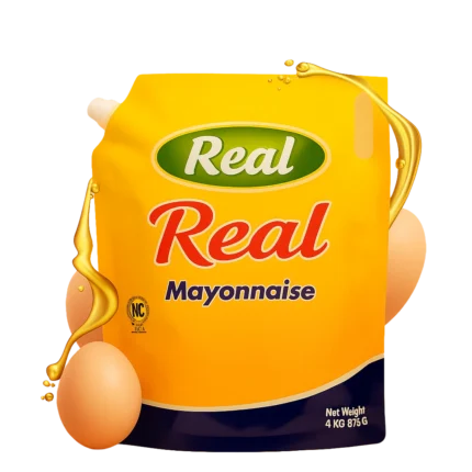 Real Mayonnaise pouch – creamy, rich mayonnaise with eggs on golden background