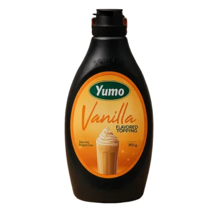 Yumo Vanilla Flavored Topping bottle – creamy vanilla dessert topping on golden background