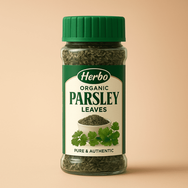 Herbo Organic Parsley Leaves – Pure Freshness in Every Pinch (25g) Herbo Organic Parsley Leaves jar – premium dried herb seasoning on beige background