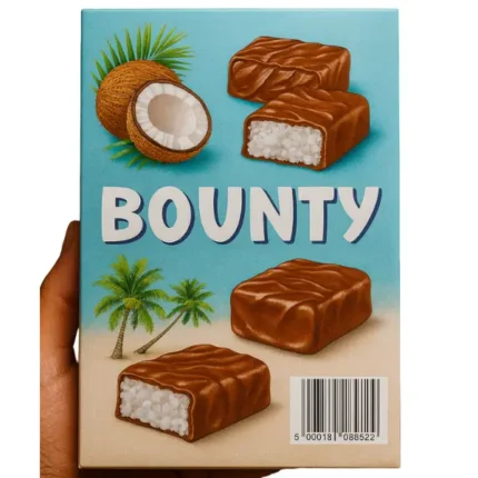 Bounty Chocolate Bars 4-Pack packaging image with coconut and chocolate elements