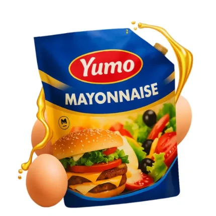 Yumo Mayonnaise pouch – creamy mayonnaise with burger and salad on golden background