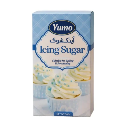 Yumo Icing Sugar 500g box – fine baking sugar with cupcakes on beige background