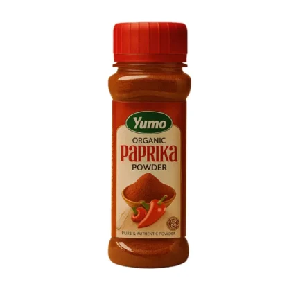 Yumo Organic Paprika Powder jar – rich red spice with peppers on warm background
