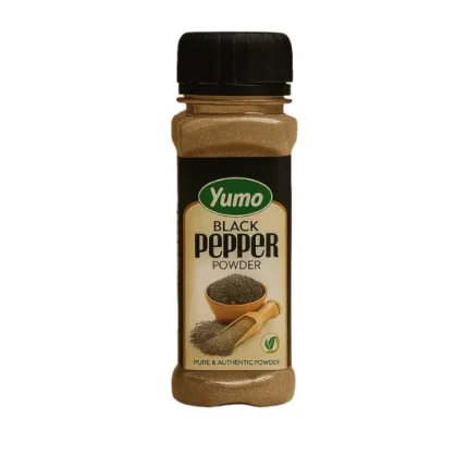 Yumo Black Pepper Powder bottle – pure and freshly ground spice on warm background