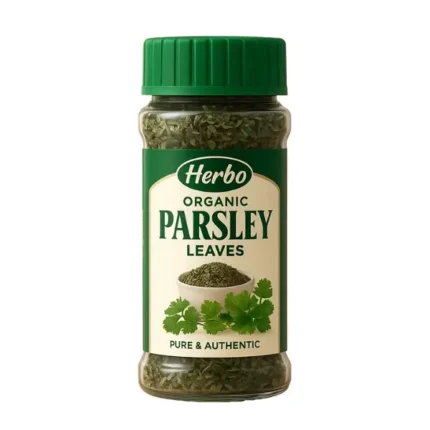 Herbo Organic Parsley Leaves jar – premium dried herb seasoning on beige background