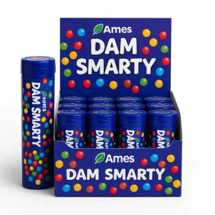 Ames Dam Smarty candy tubes displayed in a blue box with colorful chocolate candies on a white background.