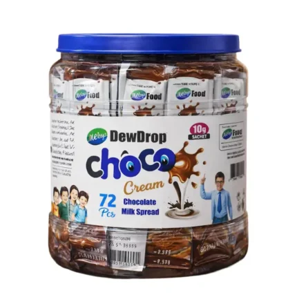 DewDrop Choco Cream chocolate milk spread jar with mini sachets on a wooden background