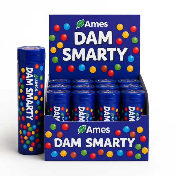 Ames Dam Smarty Candy Tubes – Crunchy Multi-Colored Chocolates | RestoMart.pk Ames Dam Smarty candy tubes displayed in a blue box with colorful chocolate candies on a white background.