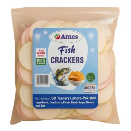 Ames Fish Crackers 500g pack with round raw crackers in clear plastic packaging