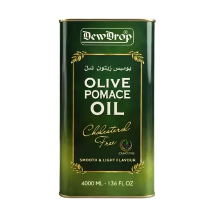 DewDrop Olive Pomace Oil 4000 ML tin with smooth and light cooking oil on a modern background