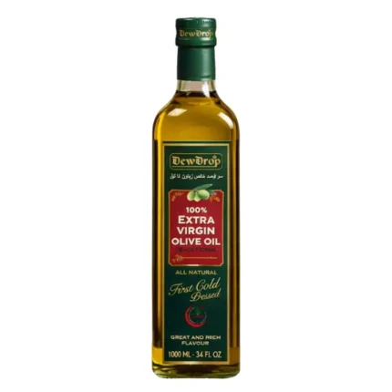 DewDrop 100% Extra Virgin Olive Oil 1000 ML bottle with rich golden olive oil on a warm background