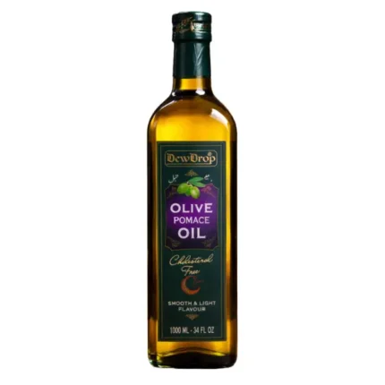 DewDrop Olive Pomace Oil 1000ml bottle with smooth and light cooking oil on a warm background