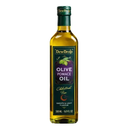 DewDrop Olive Pomace Oil 500ml bottle with smooth light cooking oil on a warm kitchen background