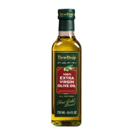 DewDrop 100% Extra Virgin Olive Oil 250ml bottle with golden olive oil on a warm background