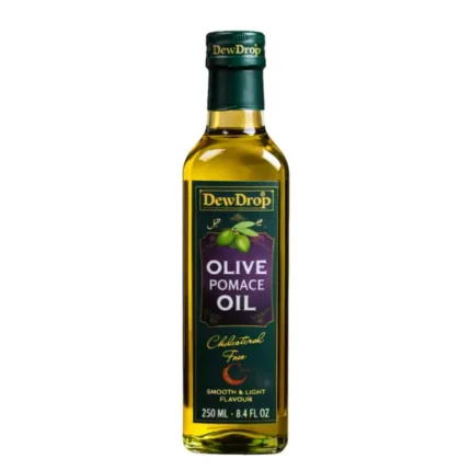 DewDrop Olive Pomace Oil 250ml bottle with smooth light cooking oil on a warm kitchen background