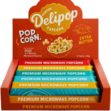 Delipop Premium Microwave Popcorn display box with colorful premium popcorn packs.