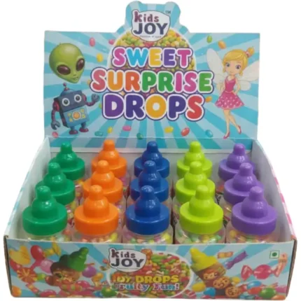 Kids Joy Sweet Surprise Drops colorful feeder-style candy bottles in display box