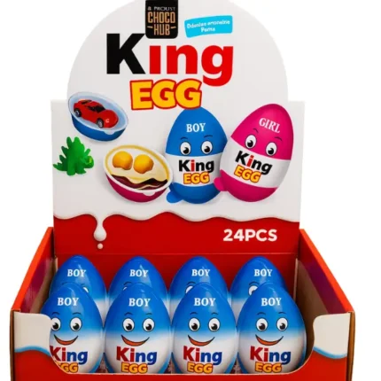 King Egg surprise chocolate display box with colorful boy and girl eggs arranged neatly in a 24-piece pack.