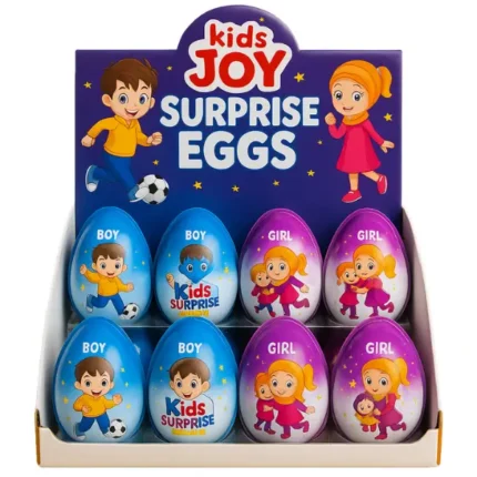 Kids Joy Surprise Eggs display box with colourful boy and girl surprise eggs containing toys and candy.
