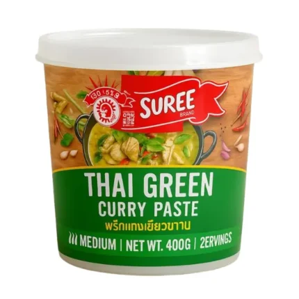 Suree Thai Green Curry Paste 400g plastic tub with green label and authentic Thai meal image on front.
