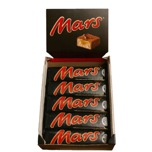 Mars Chocolate Bars Display Box – Fresh Caramel & Nougat Bars | RestoMart.pk Open display box of Mars chocolate bars with caramel and nougat filling – product image