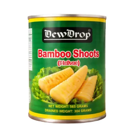 DewDrop bamboo shoots (halves) can with green label displayed on wooden kitchen background