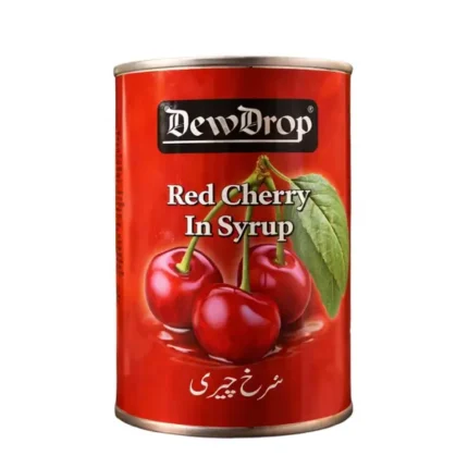 DewDrop red cherry in syrup tin with bright red cherries on a wooden background