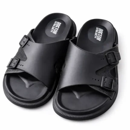 Doctor Extra Soft men slippers in dark grey and black with adjustable buckles and soft cushioned footbed