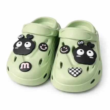 Kids cartoon charm clogs in green, black and pink colors with lightweight EVA sole and breathable design